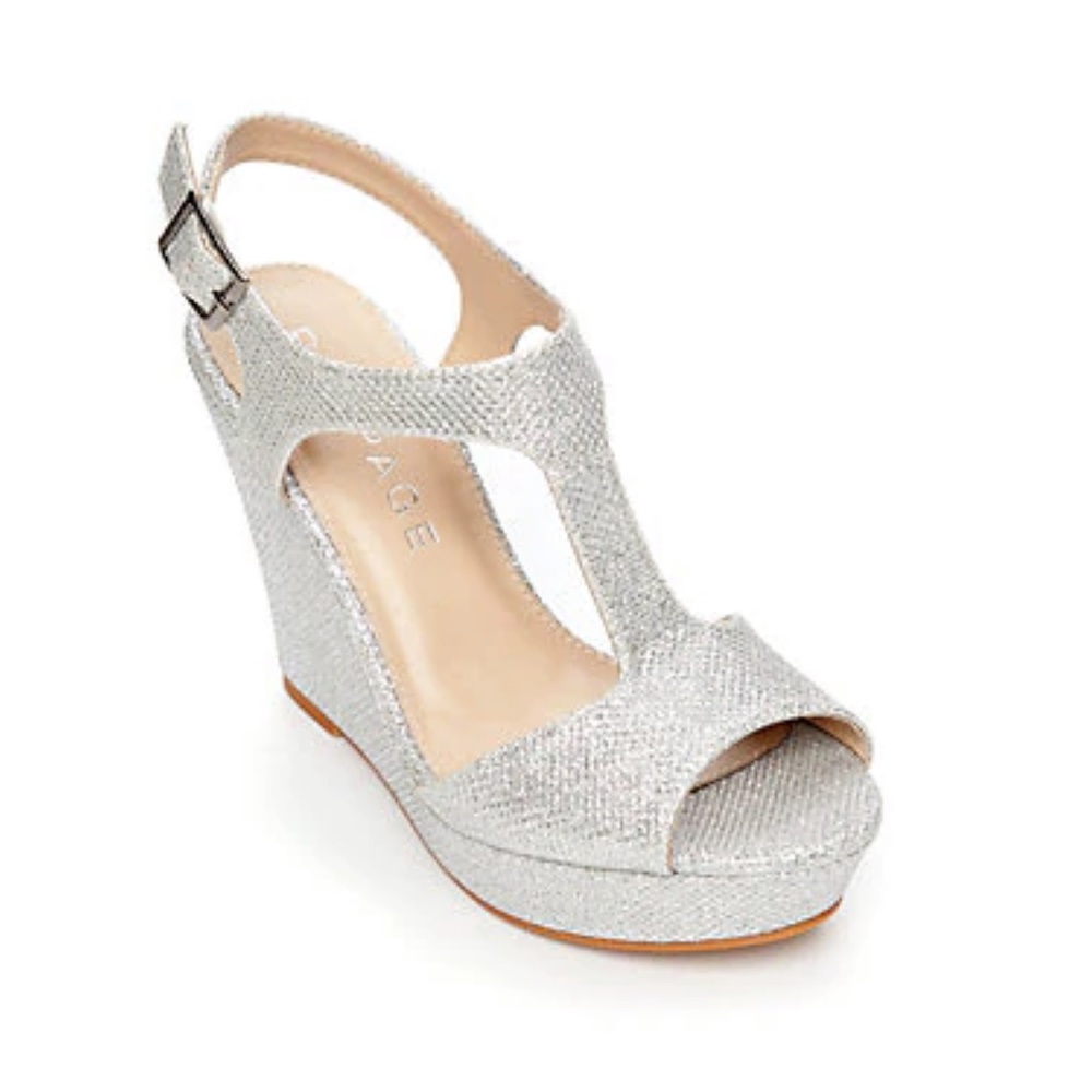 Silver wedge evening shoe. Worn once